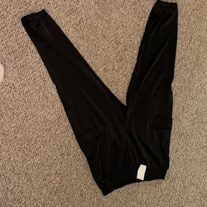 Black satin cargo pants